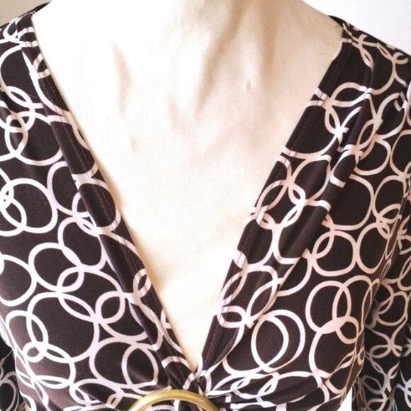 Y2k VNTG Brown Top Sz M GEOMETRIC V-Neck Wrap 3/4 Sleeve Babydoll Retro Artsy - Picture 5 of 8